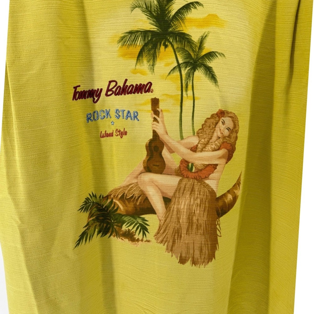 Tommy Bahama Rock Star Island Silk Shirt Mens Yellow Hula Girl Hawaiian XL